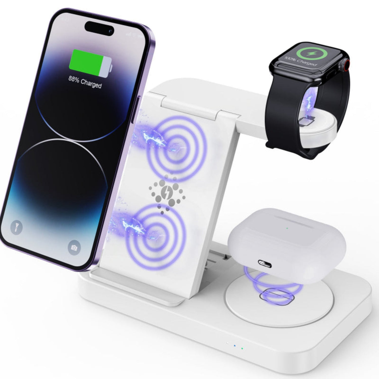 White wireless charging station with phone, watch, and earbuds on a white background